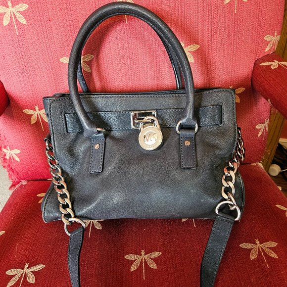Michael Kors Blue Leather "Hamilton" handbag; Silver Padlock & Shoulder Chain - Picture 1 of 11